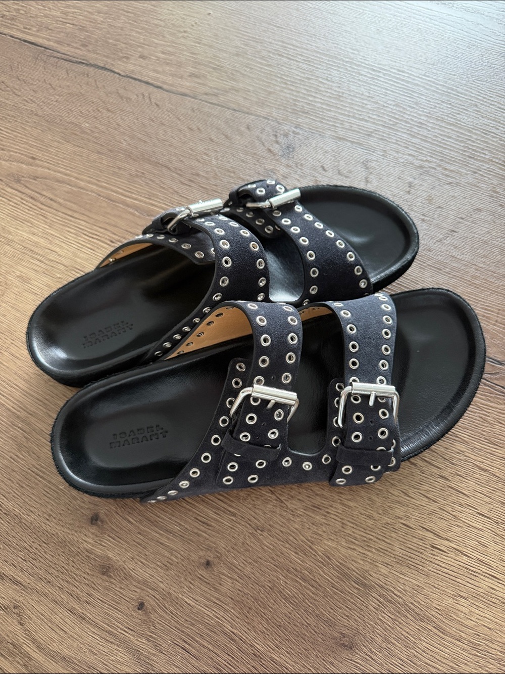 Isabel Marant Lennyo Grommet Suede Slide Sandals in Faded Black Size 39 (9)